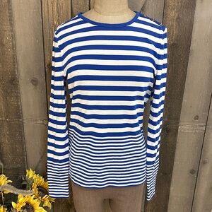 Lauren Ralph Lauren Nautical Blue White Striped Top Gold Button Shoulder Size L